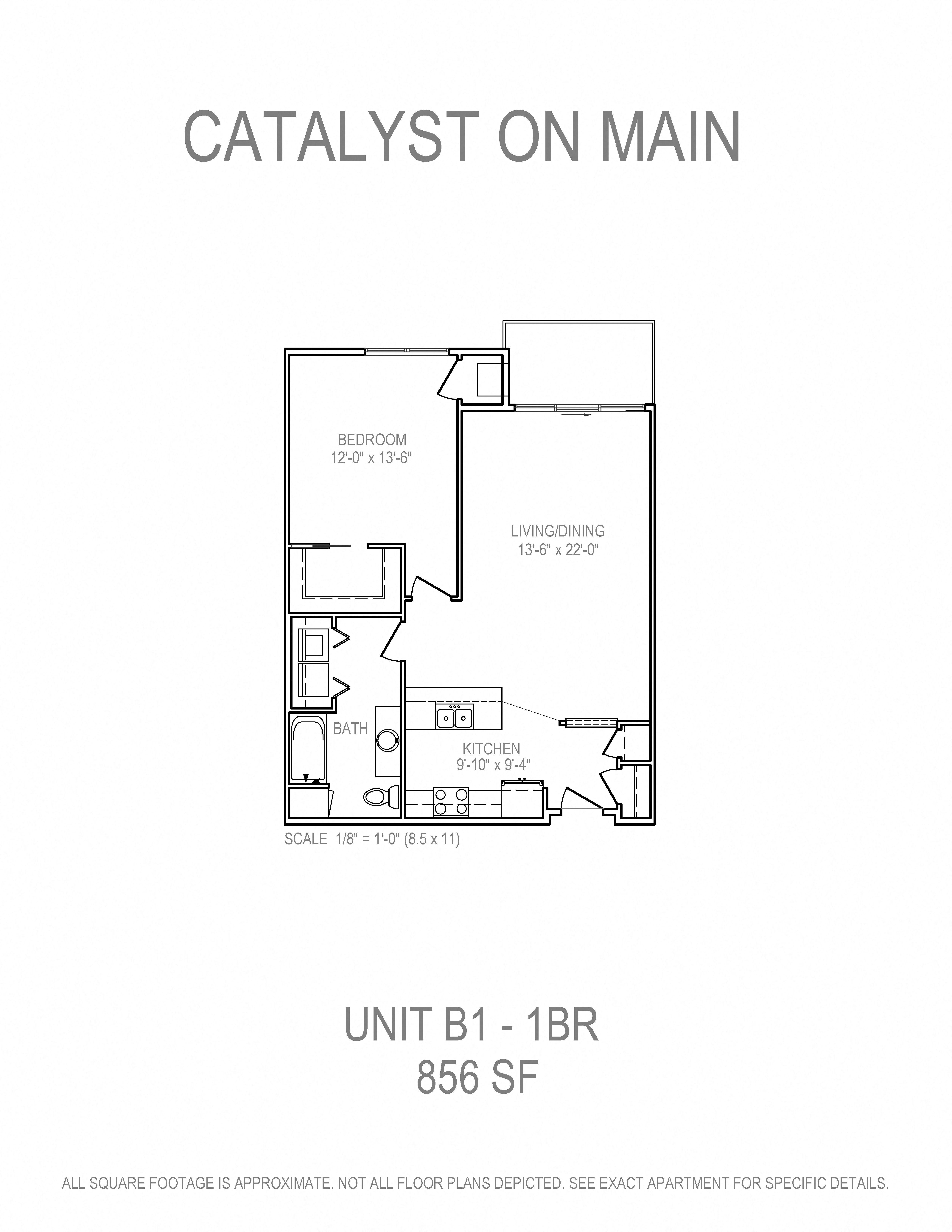 Floor plan for 1 bed, 1 bath, 856 sqft